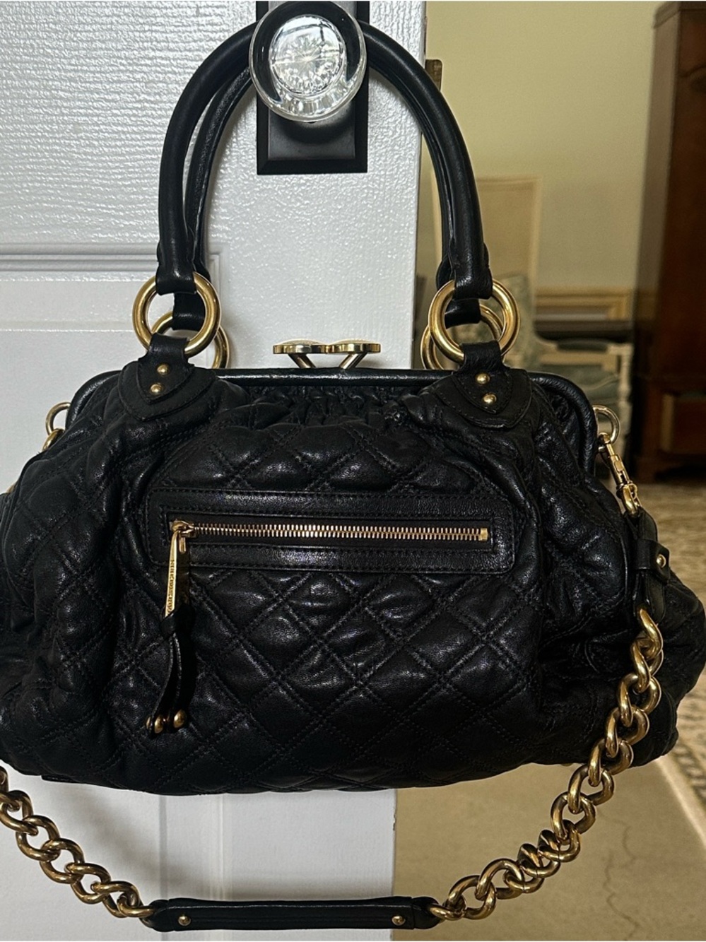 Marc Jacobs Black Quilted Leather Satchel with Gold Hardware